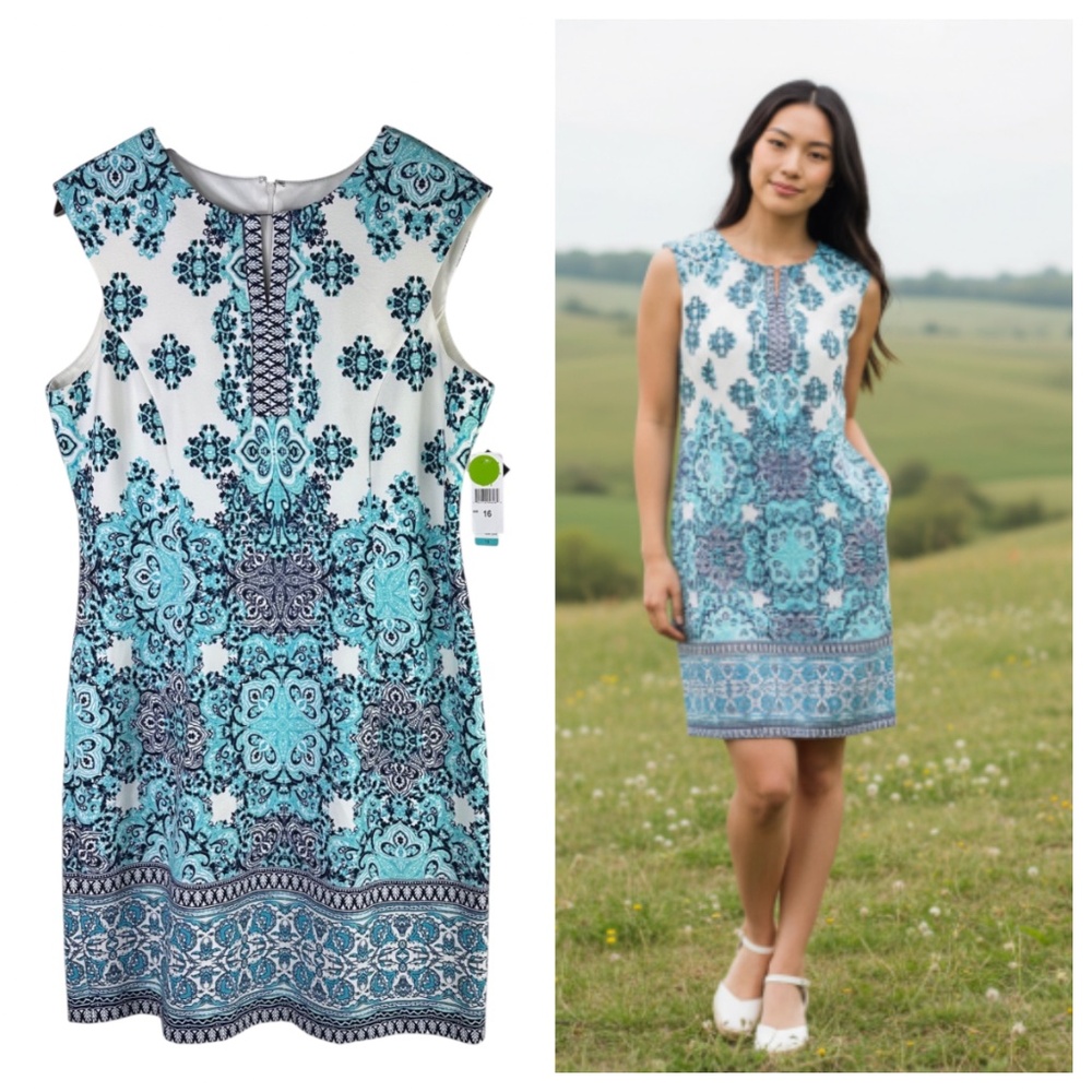 New Studio One Dress Sundress Sz 16 XL 1X Floral Teal White Soft Girl Romantic